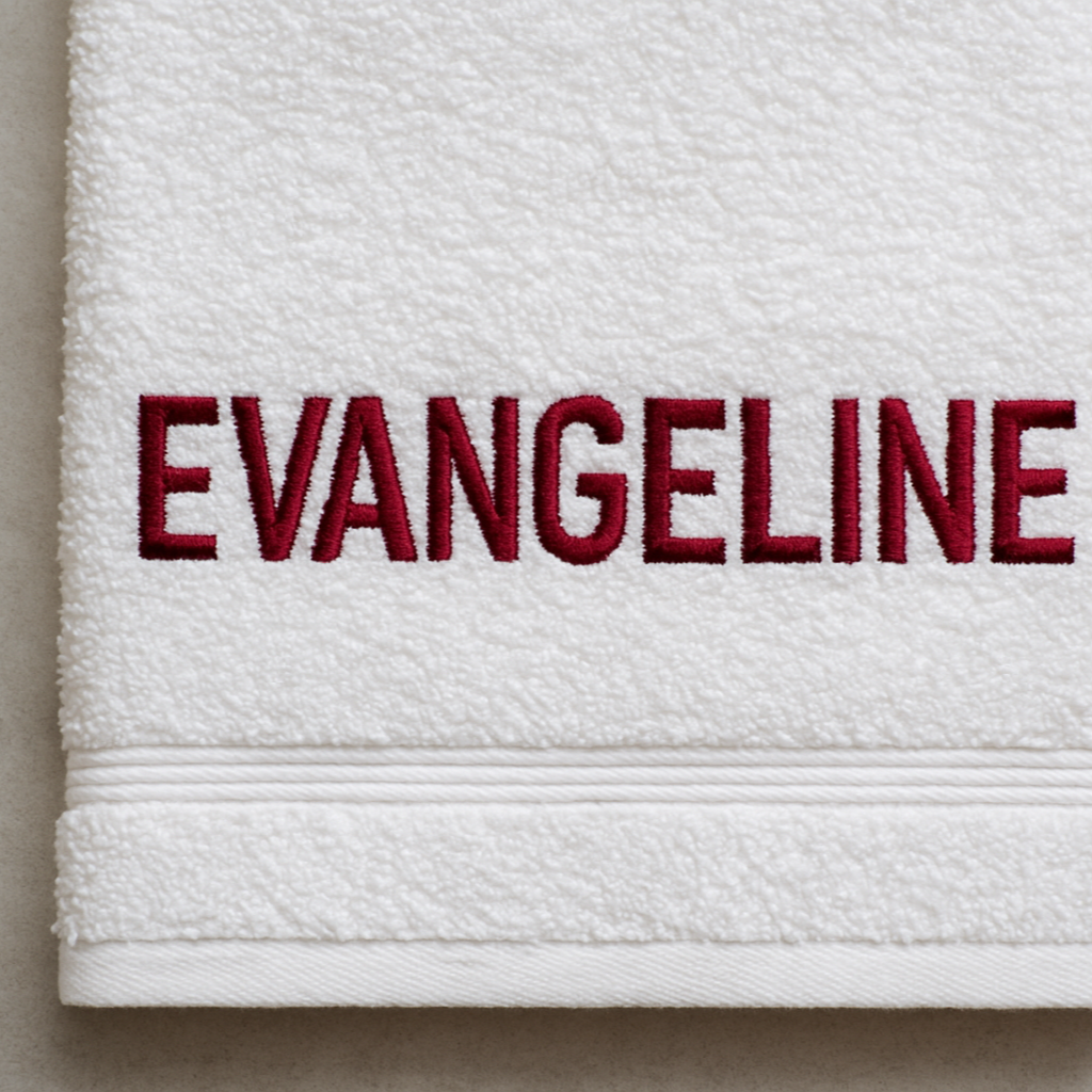 White towel with 'EVANGELINE' embroidered in red on a neutral background
