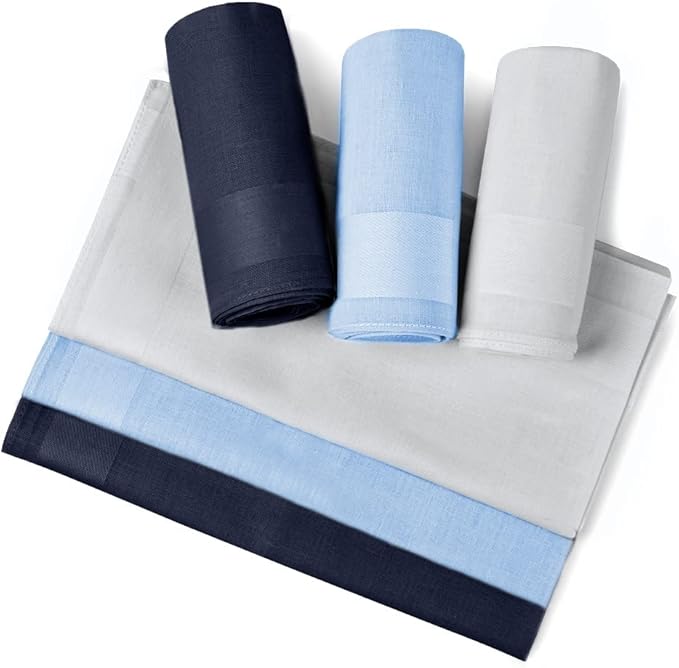 Navy, light blue, and white handkerchiefs on a white background.