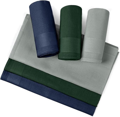 Navy blue, green, and grey handkerchiefs on a white background.