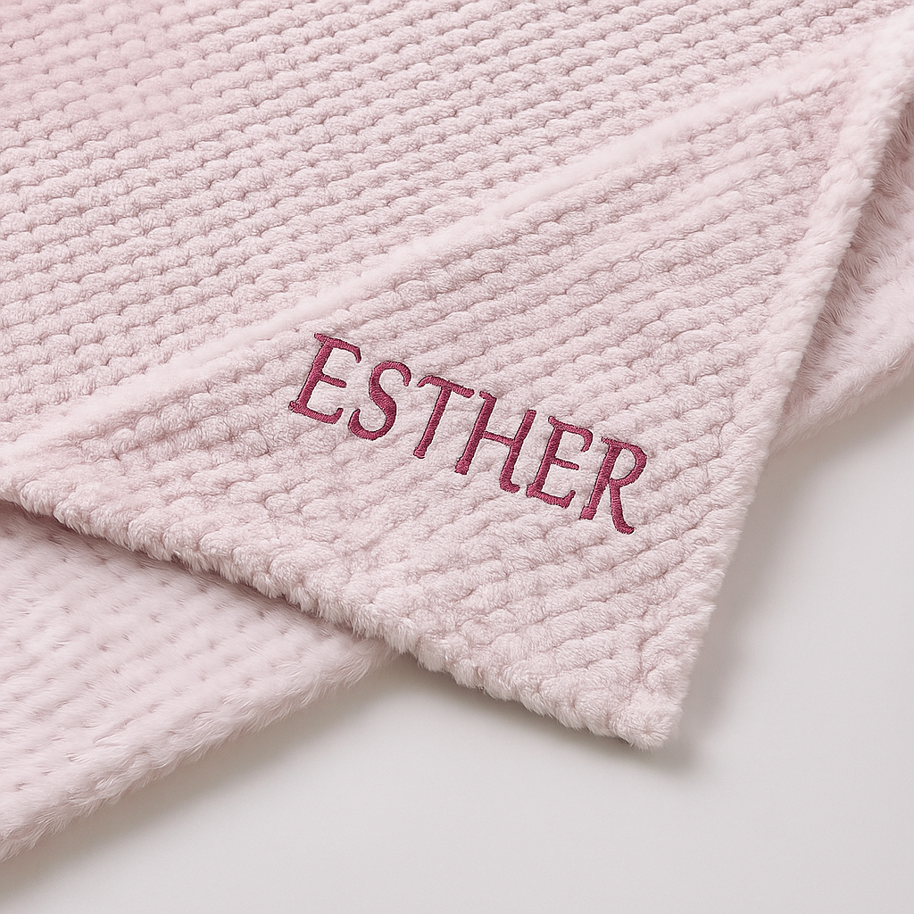 Pink textured blanket with 'ESTHER' embroidered on it